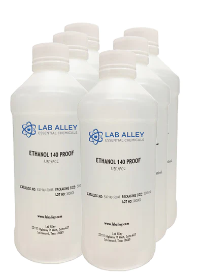 Pictured are 500ml bottles of 70% ethanol food grade.
70% (140 proof) is a typical ethyl alcohol concentration
for food grade alcohol products. They are safe for
ingestion, topical uses, sterilization, surface cleaning and
disinfecting applications.